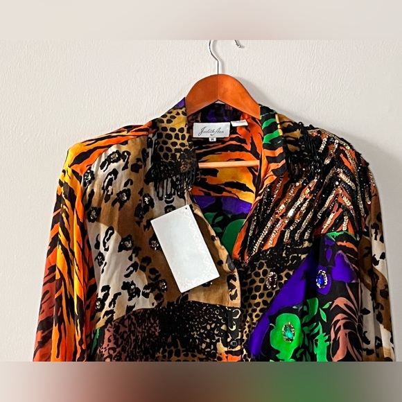Judith Ann vintage NWT animal print button down hi lo semi sheer Silk blouse, M - Picture 6 of 16